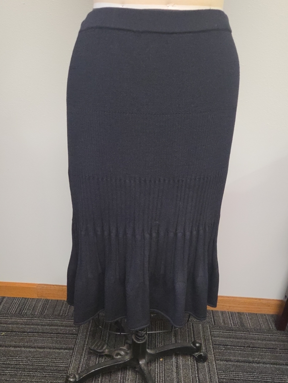 St. John Black Knit Midi Skirt with Fluted Hem Detail